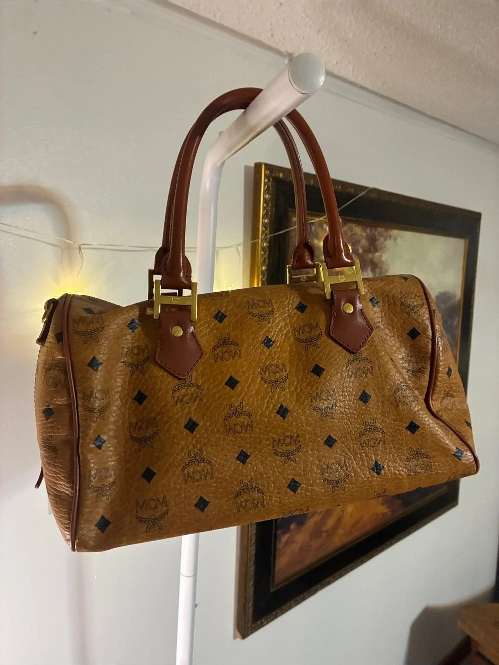 MCM Visetos Tote Satchel in Cognac and Dark Brown with Gold Hardware